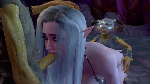 Action de gobelin en trois avec une épaisse elfe nocturne et de gros seins naturels par derrière.